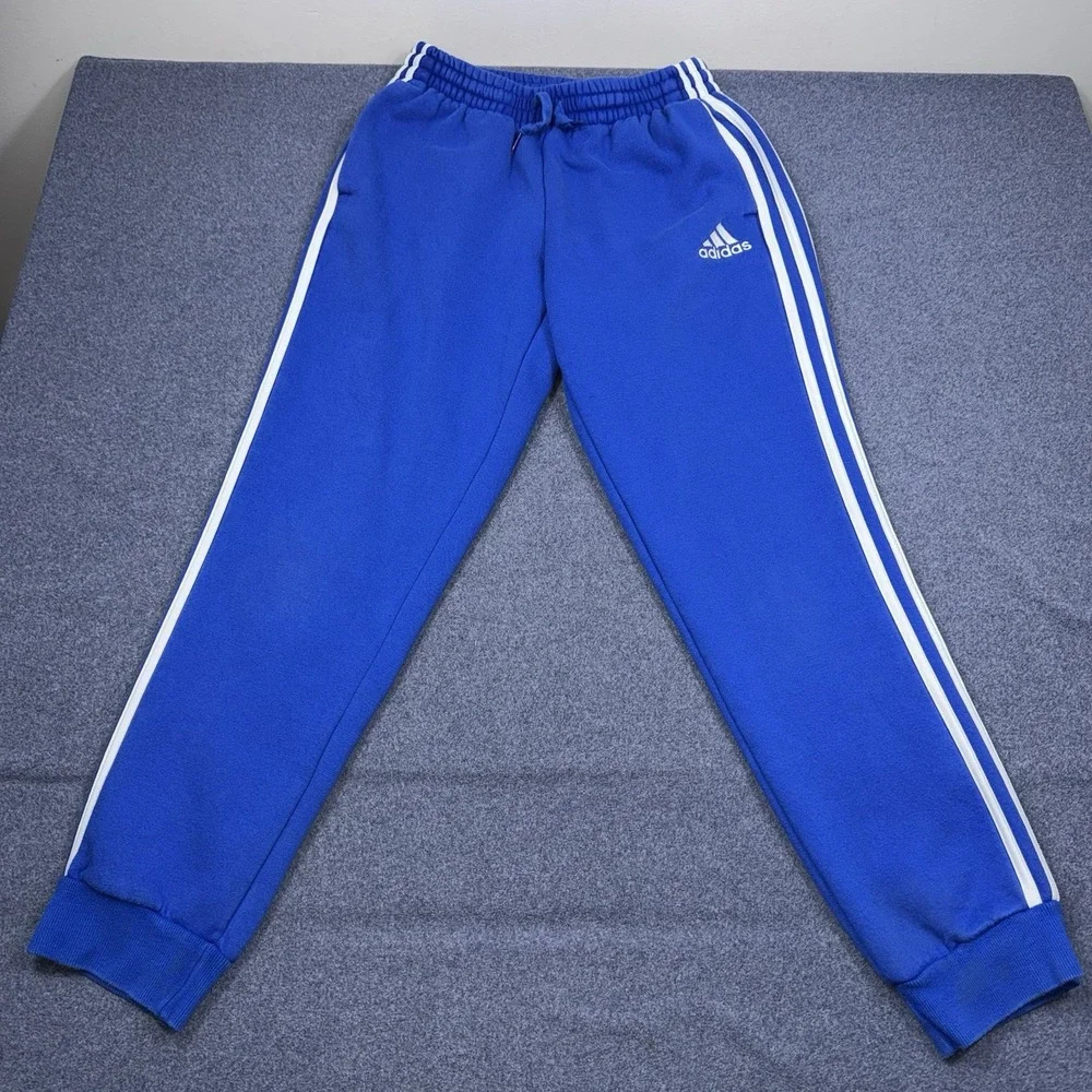 Adidas Pants Mens Small Blue French Terry Tapered Cuff Stripes HL2270 Athletic